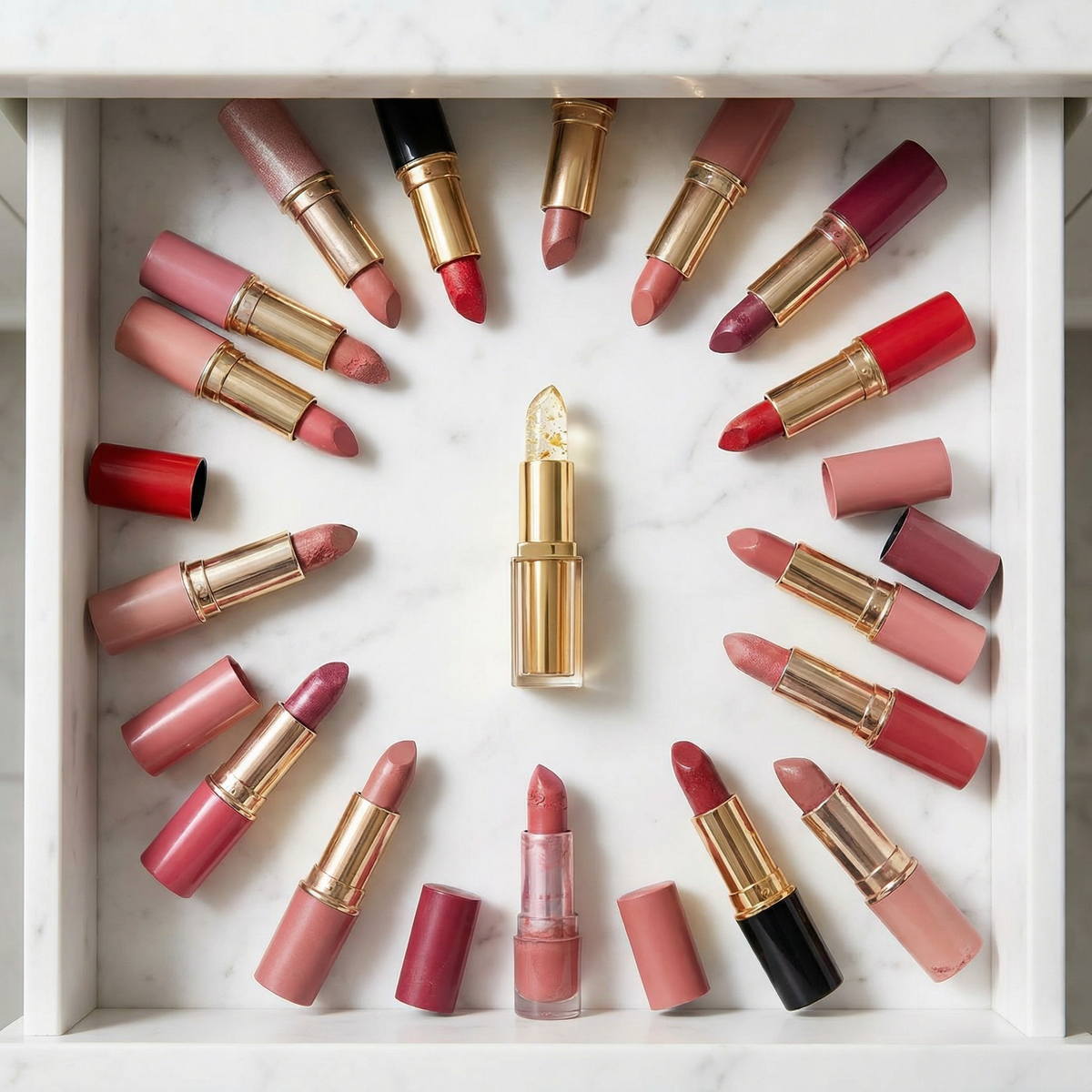 Ein Reveliane Lippenstift inmitten vieler klassischer Lippenstifte